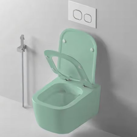 Vas WC Rimless, Verde Mint Mat, Power Color,  montaj suspendat, capac duroplast slim soft-close inclus, Alfonso