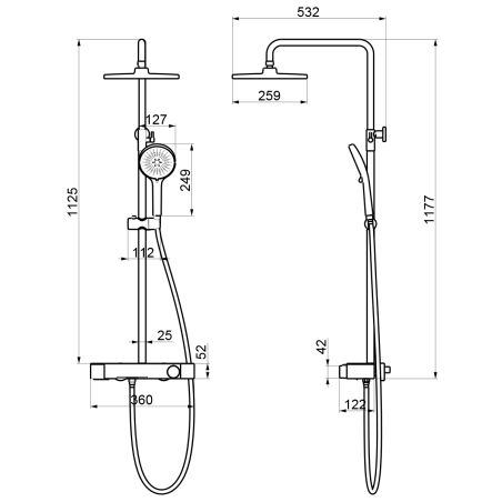 Sistem de dus si cada, 3 functii, baterie Piano Keys, suport obiecte montaj pe perete, otel inoxidabil, Negru Mat, Nero