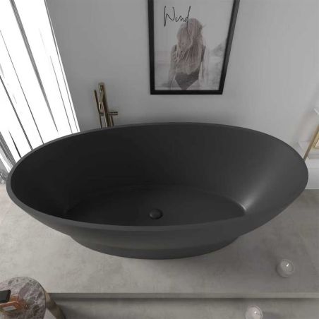 Cada de baie, freestanding, compozit mineral, ventil negru inclus, Negru Mat, 160x83 cm, Edena