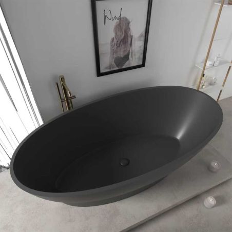 Cada de baie, freestanding, compozit mineral, ventil negru inclus, Negru Mat, 160x83 cm, Edena