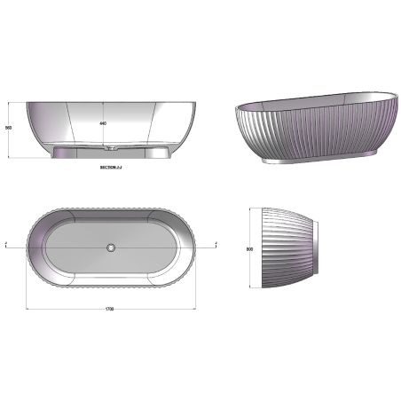 Cada de baie, freestanding, compozit mineral, ventil inclus, Antracit Mat, 170x80 cm, Bali