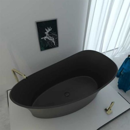 Cada de baie, freestanding, compozit mineral, ventil negru inclus, Negru Mat, 150x78 cm, Nice