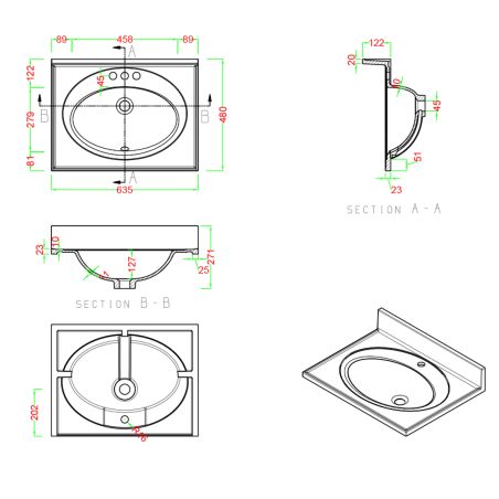 Lavoar, compozit mineral, montaj semi-incastrat, o gaura de baterie, ventil alb inclus, 78x56-63x48 cm, Nobile