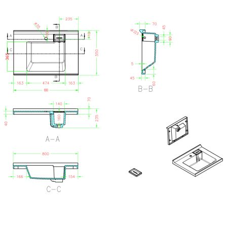 Lavoar, compozit mineral, montaj semi-incastrat, o gaura de baterie, suport de sapun si ventil alb inclus, 80x55 cm, Oslo