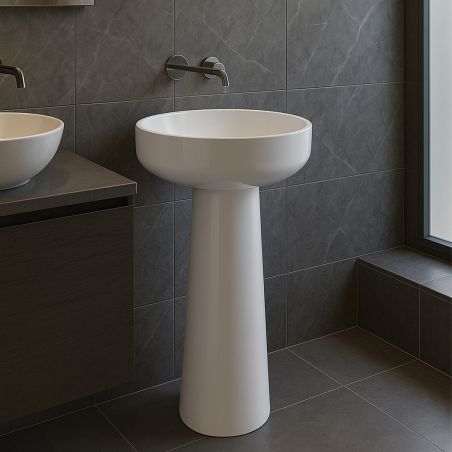 Lavoar stativ, Alb Lucios, freestandig, compozit mineral, ventil alb inclus, 45x45x88 cm, Geneva