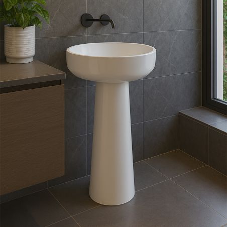 Lavoar stativ, Alb Lucios, freestandig, compozit mineral, ventil alb inclus, 45x45x88 cm, Geneva