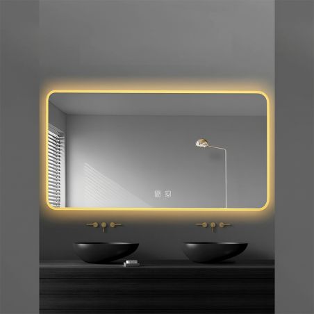 Oglinda Led, Cadru auriu, Dezaburire, Buton Touch, 3 Culori, Intensitate reglabila, dimensiuni 60-70x80-150 cm, Feliz