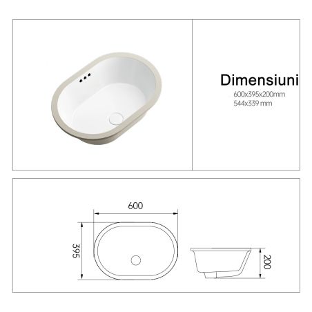 Lavoar, montaj incastrat sub blat, ceramica sanitara, dimensiuni: 60x39-70x41 cm, Negru Mat, Luca