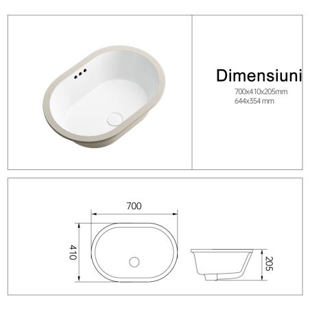 Lavoar, montaj incastrat sub blat, ceramica sanitara, dimensiuni: 60x39-70x41 cm, Negru Mat, Luca