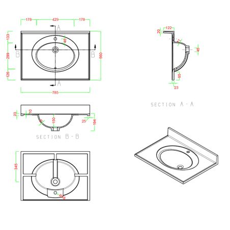 Lavoar, compozit mineral, montaj semi-incastrat, o gaura de baterie, ventil alb inclus, 78x56-63x48 cm, Nobile