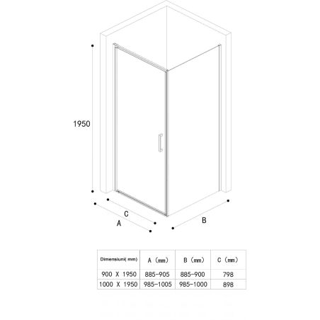 Cabina de dus, perete fix, usa batanta, sticla 8 mm, securizata, profil, maner Crom, dimensiuni: 90-100 x 90-100, Ego-36