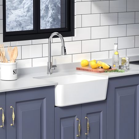 Chiuveta bucatarie, apron front, aparent, stil farmhouse, ceramica, 61x41 cm, alb, Royalty Line by Ego, Etna