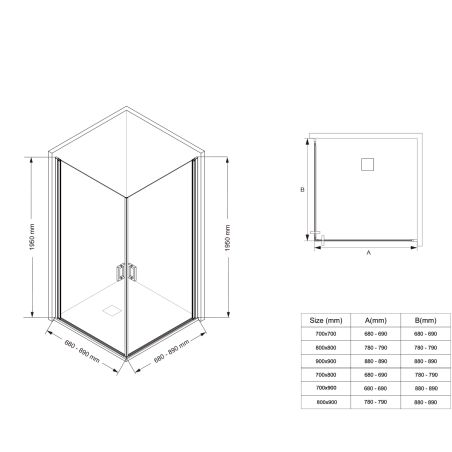 Cabina de dus, sticla securizata 6mm , Transparent, Crom, 2 usi Batante,dimensiuni 70,80,90 x 195 cm, Hera