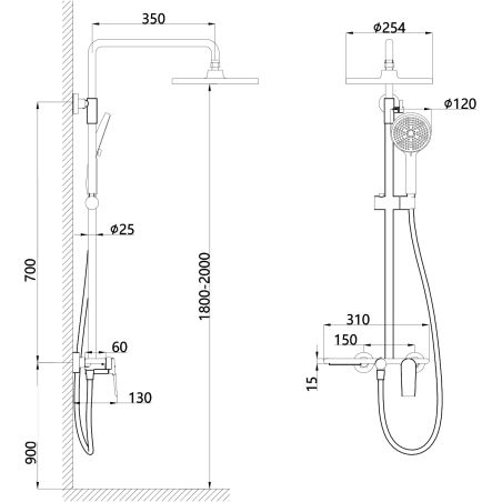 Sistem de dus, pipa de cada tip cascada, 3 functii, suport obiecte, montaj pe perete, Auriu Mat, Divina