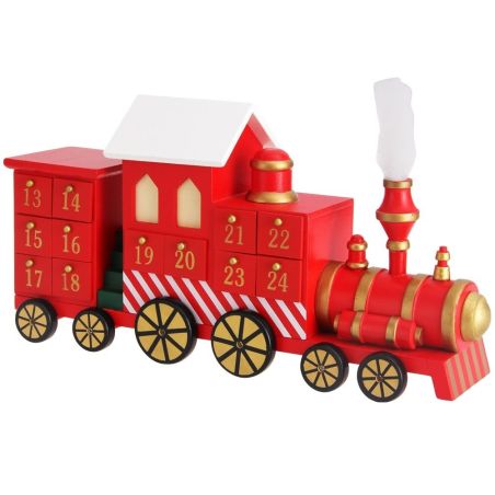 Decoratiune Craciun, Calendar Advent din lemn cu 24 sertare, Trenulet,  42x23 cm, Rosu, Ego