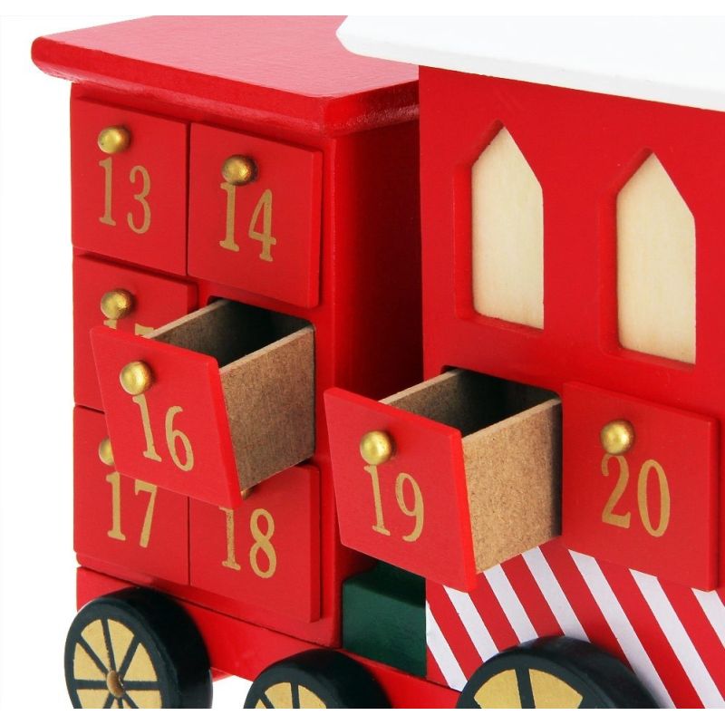 Decoratiune Craciun, Calendar Advent din lemn cu 24 sertare, Trenulet,  42x23 cm, Rosu, Ego