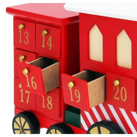 Decoratiune Craciun, Calendar Advent din lemn cu 24 sertare, Trenulet,  42x23 cm, Rosu, Ego