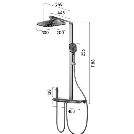 Sistem de dus si cada, 2 dusuri de mana, baterie Piano Keys, 3 functii, montaj  perete, otel, Gun grey, Serano