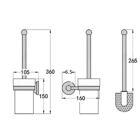 Perie toaleta cu suport inclus, montaj pe perete, Negru Lucios, Alama, Ceramica, Velvet