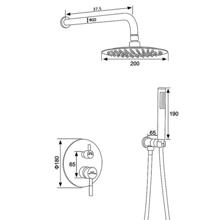 Sistem de dus, Auriu Mat, 2 functii, otel, baterie incastrata cu monocomanda, Fino
