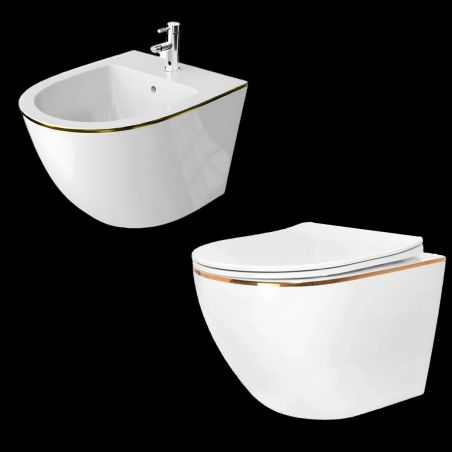 Set vas wc si bideu Ben, Gold Line, 49x36 cm montaj suspendat, capac duroplast, ceramica sanitara