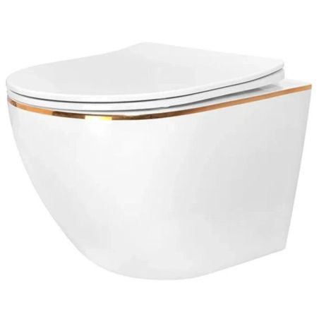 Set vas wc si bideu Ben, Gold Line, 49x36 cm montaj suspendat, capac duroplast, ceramica sanitara