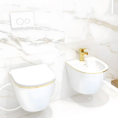 Set vas wc si bideu Ben, Gold Line, 49x37 cm montaj suspendat, capac duroplast, ceramica sanitara