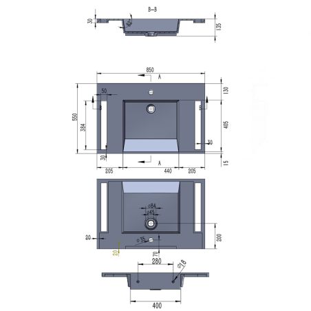 Lavoar, Alb Lucios,  suport prosoape laterale, compozit mineral , montaj suspendat sau semi-incastrat, 85x55 cm, Lavanda