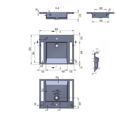 Lavoar, Alb Lucios,  suport prosoape laterale, compozit mineral, montaj suspendat pe perete, 65x55 cm, Lavanda