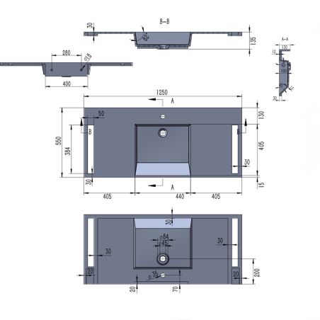Lavoar, Alb  finisaj Carrara Arabescato,  suport prosoape, compozit, montaj suspendat sau semi-incastrat, 125x55 cm, Lavanda