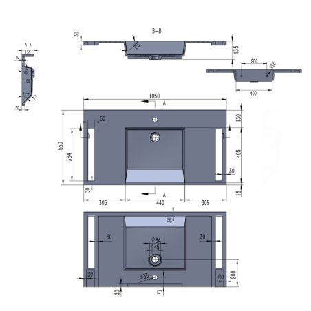 Lavoar, Alb  finisaj Carrara Arabescato, suport prosoape, compozit, montaj suspendat sau semi-incastrat, 105x55 cm, Lavanda