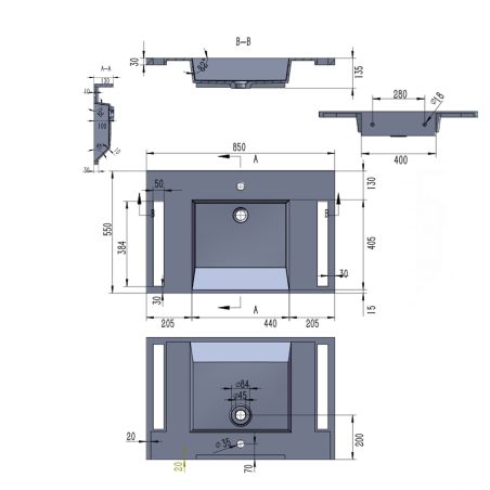 Lavoar, Alb finisaj Carrara Arabescato, suport prosoape laterale, compozit, montaj suspendat semi-incastrat, 85x55 cm, Lavanda