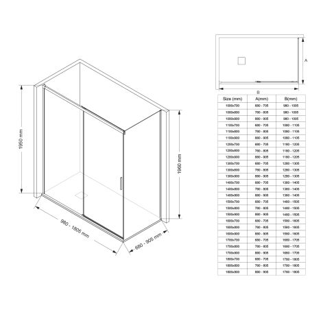 Cabina dus, perete fix si usa glisanta, sticla securizata de 6 mm, 70x90 x 100-180 cm, profil si maner Auriu Mat, Hanes