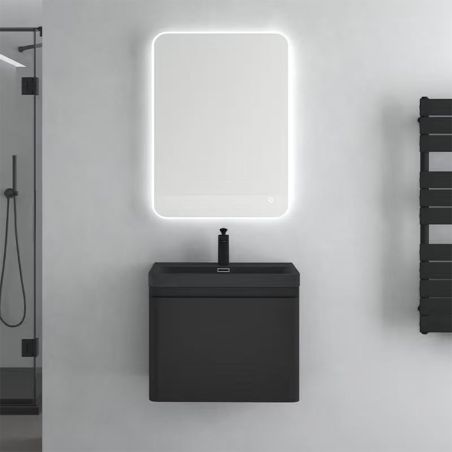 Mobilier baie din Mdf vopsit, lavoar din compozit, inchidere Soft-Close, 60x42x50 cm, Negru Mat, Verona