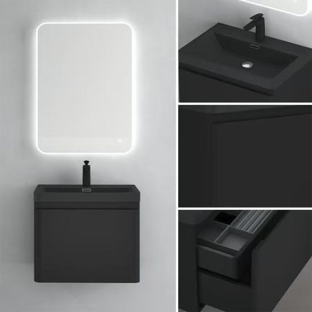Mobilier baie din Mdf vopsit, lavoar din compozit, inchidere Soft-Close, 60x42x50 cm, Negru Mat, Verona