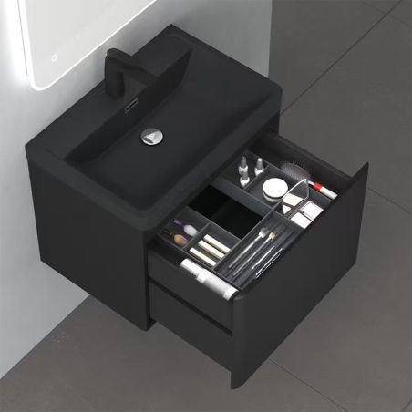 Mobilier baie din Mdf cu lavoar din compozit, inchidere Soft-Close, 60x42x50 cm, Negru Mat, Verona