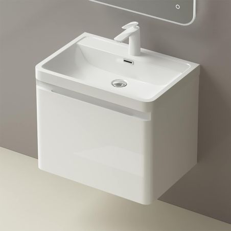 Mobilier baie din Mdf vopsit, lavoar din compozit, inchidere Soft-Close, 60x42x50 cm, Alb Lucios, Verona
