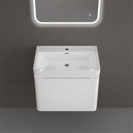 Mobilier baie din Mdf vopsit, lavoar din compozit, inchidere Soft-Close, 60x42x50 cm, Alb Lucios, Verona