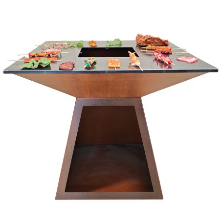 Gratar pe lemn cu plita mare de gatit, otel corten de 2 mm, spatiu pentru lemne, 100x100x90 cm, Ruginiu, Rustico