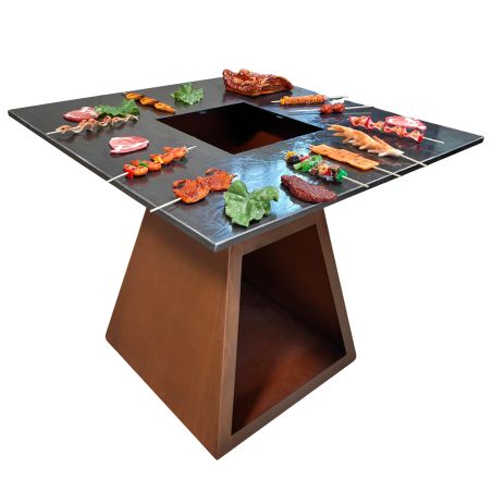 Gratar pe lemn cu plita mare de gatit, otel corten de 2 mm, spatiu pentru lemne, 100x100x90 cm, Ruginiu, Rustico