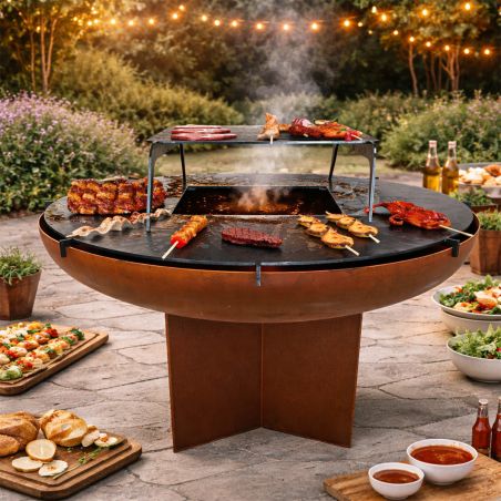 Gratar pe lemn cu plita mare, Vatra de foc, Multifunctional, din otel corten,  dia 100xH 70 cm, AshCraft