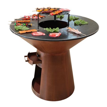 Gratar pe lemn cu plita mare si blat din lemn, spatiu depozitare lemne, otel corten, dia 100xH 90 cm, Avangarde