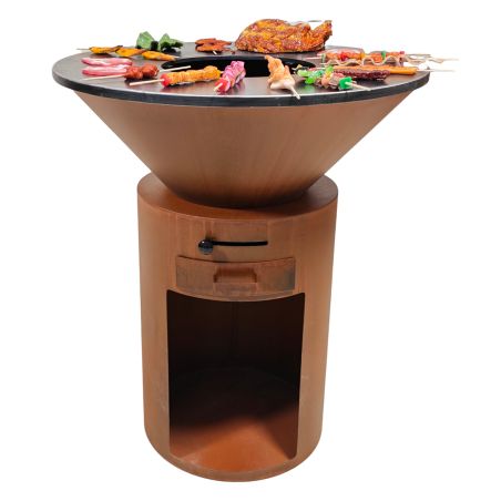 Gratar pe lemn cu plita mare, depozitare lemne, otel corten, diametru 100 sau 85 cm, Ruginiu, Infinity Glow