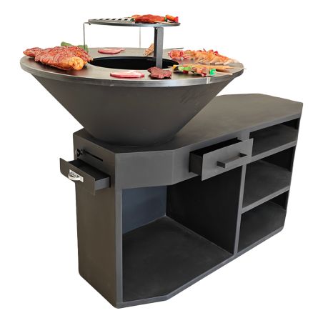 Gratar pe lemn,3 rafturi, cu plita mare, suport lemne, otel corten, dia 85x130x100 cm, Negru, Solis