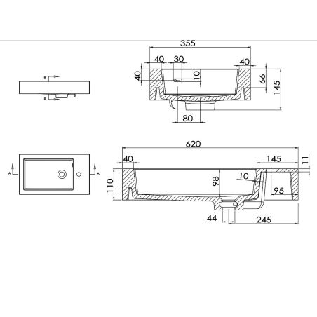 Lavoar Zita, Resigilat, compozit mineral, montaj suspendat sau pe blat, gaura de baterie pe dreapta 62x35 cm
