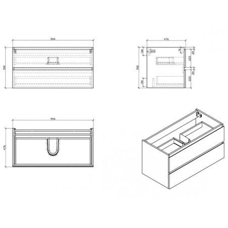 Mobilier baie, montaj suspendat, MDF infoliat negru mat, 2 sertare, inchidere Soft Close, dimensiune 99x49 cm, Nero