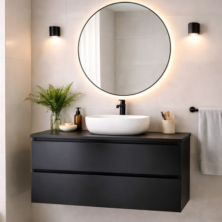 Mobilier baie, montaj suspendat, MDF infoliat negru mat, 2 sertare, inchidere Soft Close, dimensiune 99x49 cm, Nero