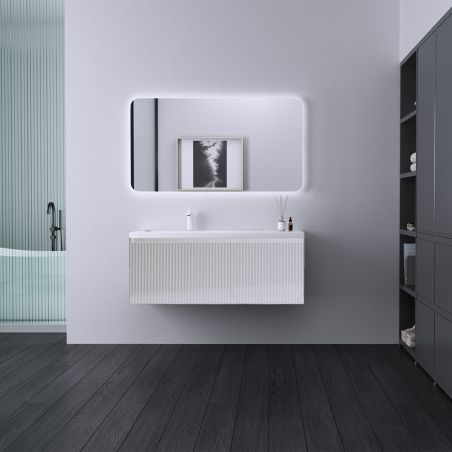 Mobilier baie din Mdf cu lavoar din compozit, inchidere Soft-Close, 120x46x49 cm, Alb Mat, Evo