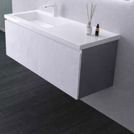 Mobilier baie din Mdf cu lavoar din compozit, inchidere Soft-Close, 120x46x49 cm, Alb Mat, Evo
