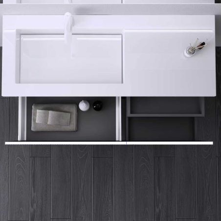 Mobilier baie din Mdf, front cu design riflat, lavoar din compozit, inchidere Soft-Close, 120x46x49 cm, Alb, Evo